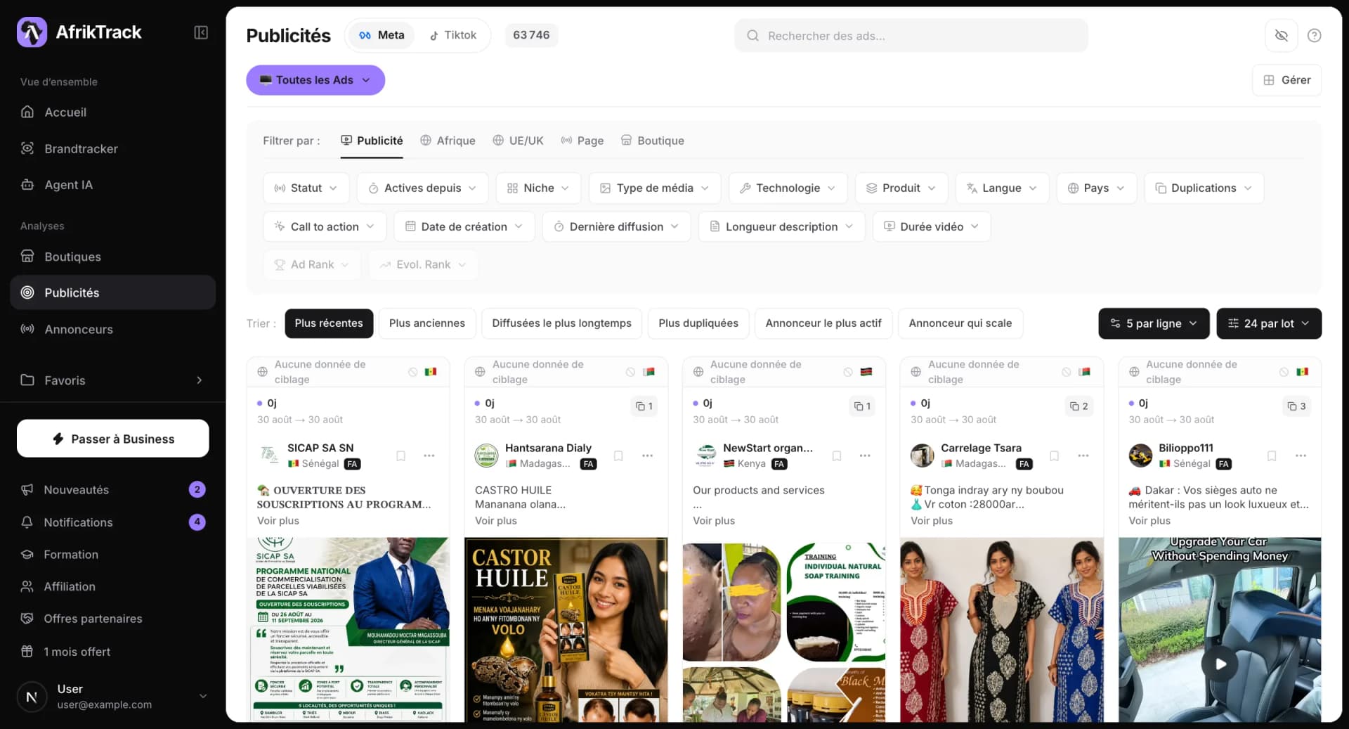 L’interface AfrikTrack : la grille des publicités, ses filtres et ses tris.